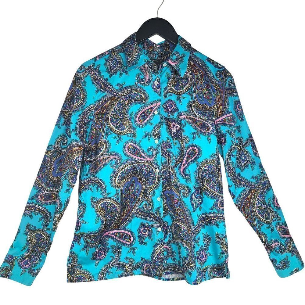 Talbots Turquoise Black Paisley Button up Long Sleeve Blouse